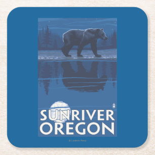 Bear in Moonlight - Sun River, Oregon Square Paper Coaster