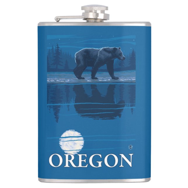 Bear in Moonlight- Vintage Travel Poster Hip Flask (Front)