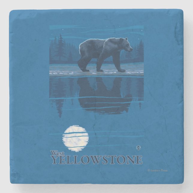 Bear in Moonlight - West Yellowstone, Montana Stone Coaster (Front)