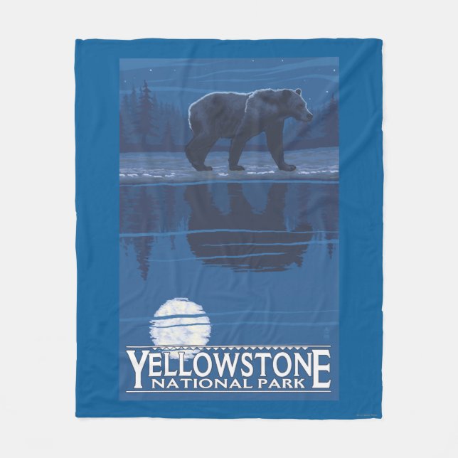 Bear in Moonlight - Yellowstone National Park Fleece Blanket (Front)
