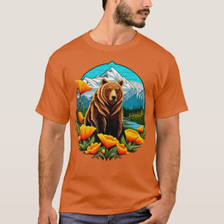 Bear In Mountain Landscape Surrounded By Orange Ca T-Shirt
