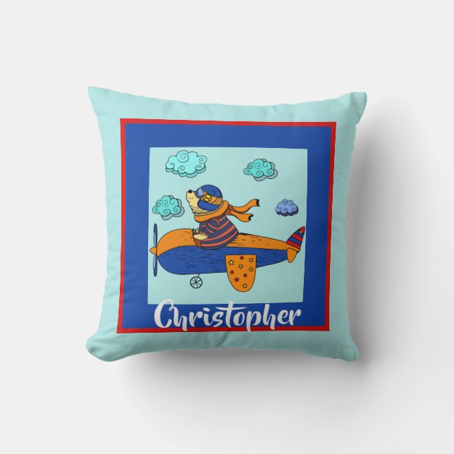 Bear in Plane, Cute Personalised Kid's Cushion (Front)