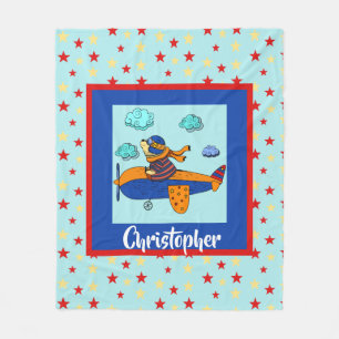 Bear in Plane, Cute Personalised Kid's Fleece Blanket