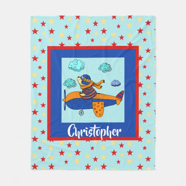 Bear in Plane, Cute Personalised Kid's Fleece Blanket (Front)
