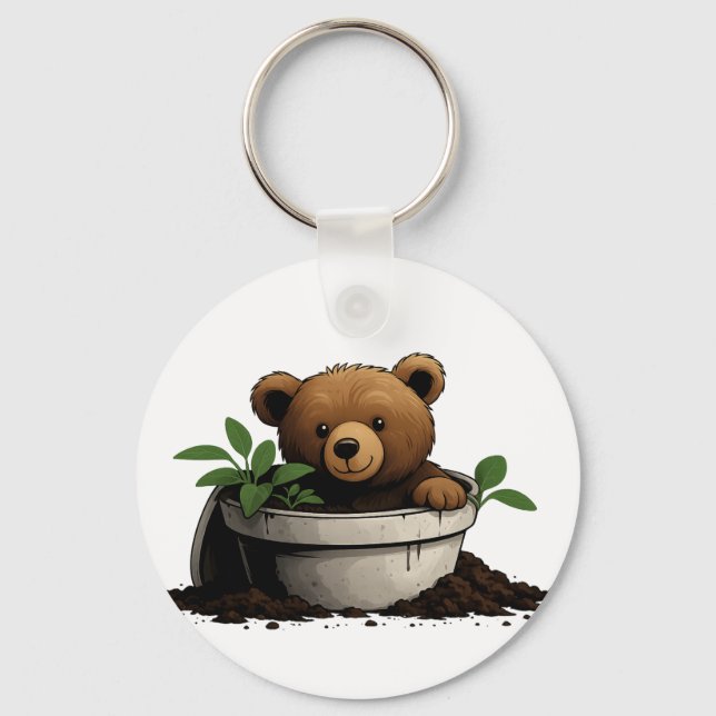 Bear in Potted Plant Illustration Key Ring (Front)