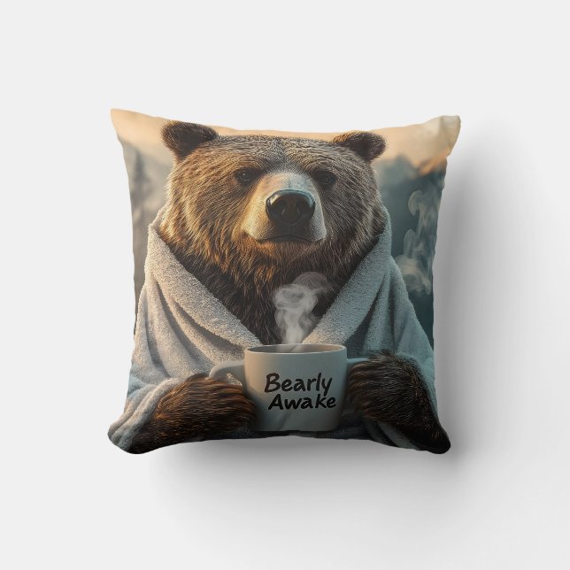 Bear in Robe Holding Coffee Mug Cushion (Front)