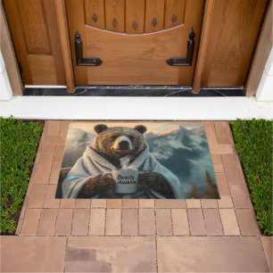 Bear in Robe Holding Coffee Mug Doormat