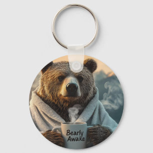 Bear in Robe Holding Coffee Mug Key Ring