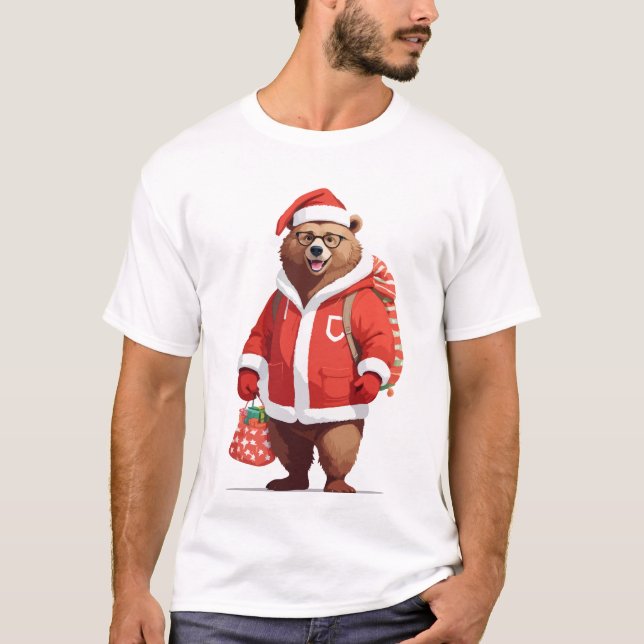 Bear In Santa Costume Adorable Funny Christmas Pet T-Shirt (Front)