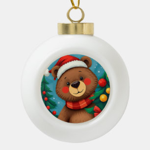 Bear in Santa Hat Among Christmas Trees Ceramic Ball Christmas Ornament
