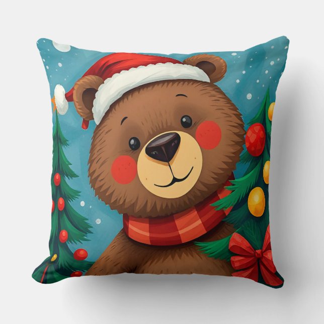 Bear in Santa Hat Among Christmas Trees Cushion (Front)