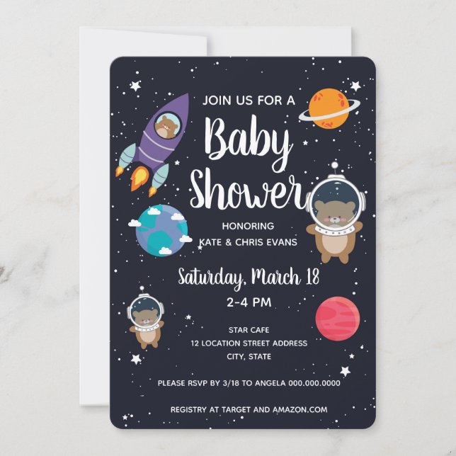 Bear in Space Baby Shower Space Navy Galaxy Invitation (Front)