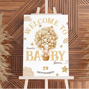 Bear In The Basket Gold Beige Baby Shower Welcome Poster