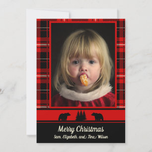 Bear in the Woods Red Plaid Photo Christmas Announcement