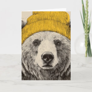 Bear in Yellow Beanie Rustic Woodland Animal  Holiday Card