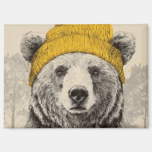 Bear in Yellow Beanie Rustic Woodland Animal Magnet