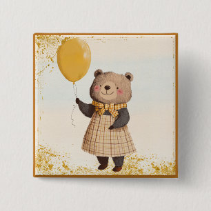 Bear in Yellow Plaid Dress with Yellow Balloon 15 Cm Square Badge