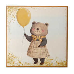 Bear in Yellow Plaid Dress with Yellow Balloon Tile