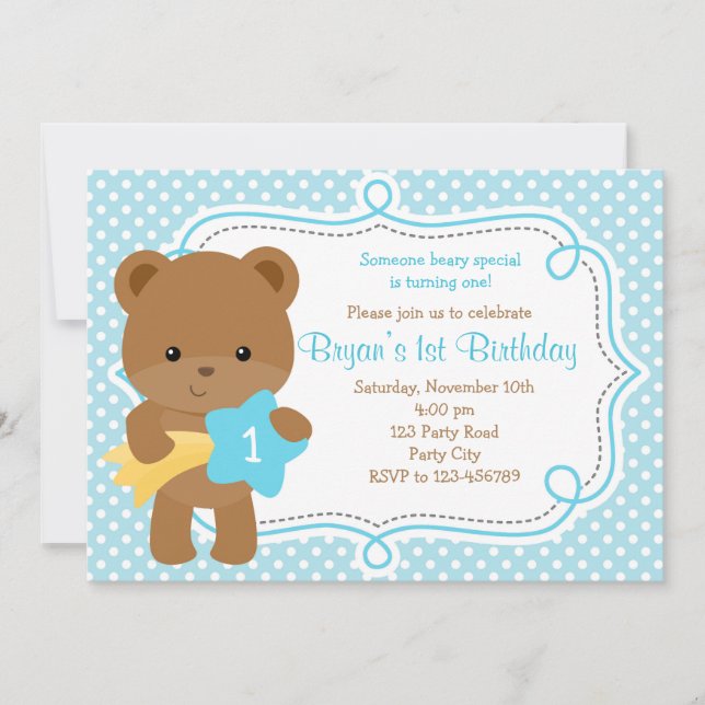 Bear Invitation (1st Birthday / Baby Shower) - Boy (Front)