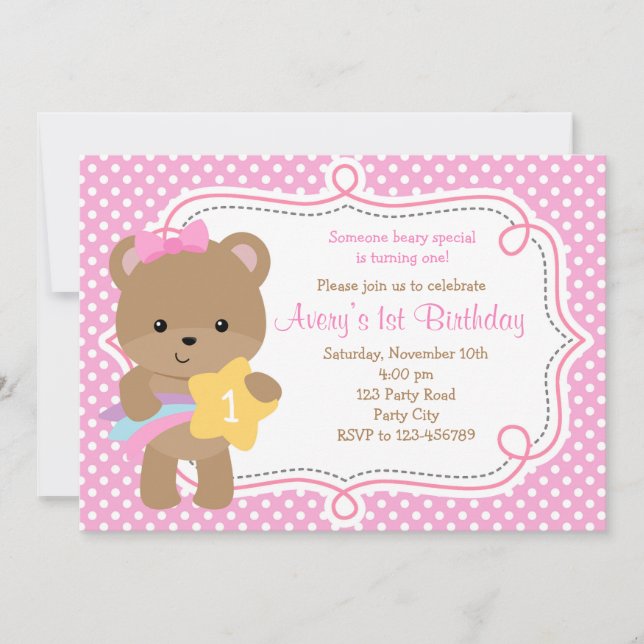 Bear Invitation (Girl - with Star) Pink Polka Dot (Front)