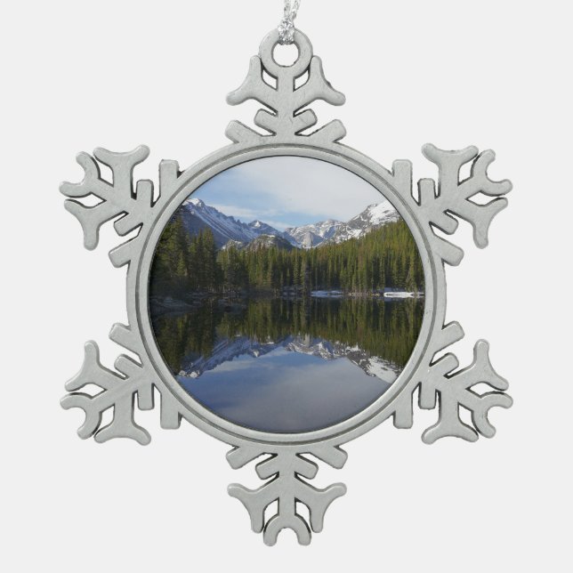 Bear Lake Reflection II Snowflake Pewter Christmas Ornament (Front)