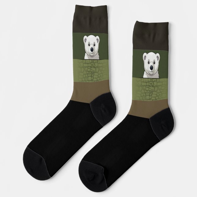 Bear looking over wall, Deep Forest Socks (Left)