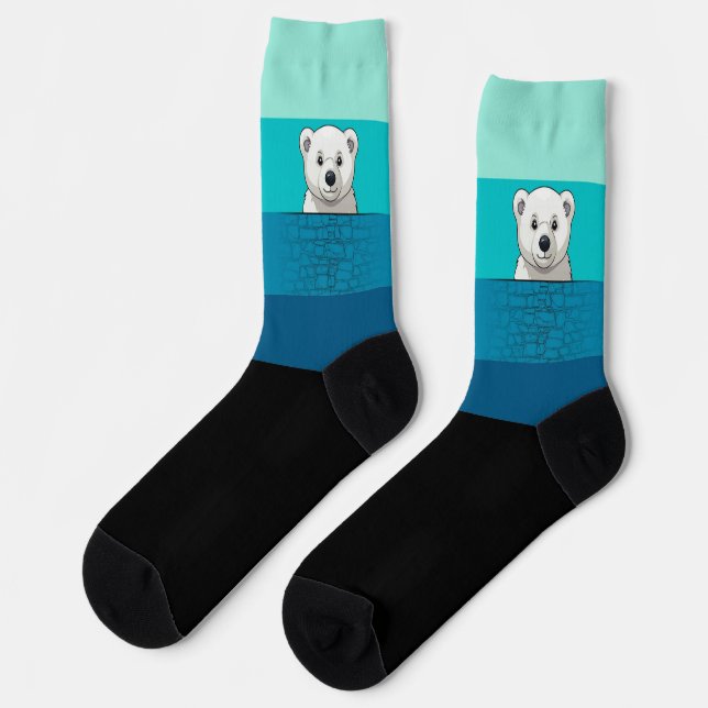 Bear looking over wall, Green to Blue Waters Socks (Left)