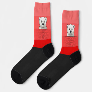 Bear looking over wall, Red Red Red Socks