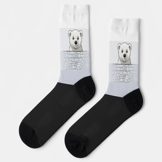 Bear looking over wall, White Shades Socks (Left)