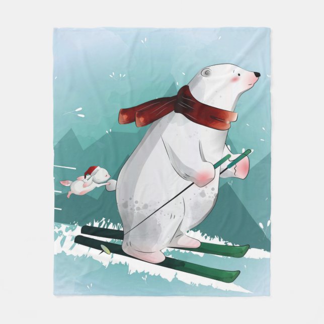 Bear Lovers | Polar Bear Skiing Funny Bear Cute Fleece Blanket (Front)