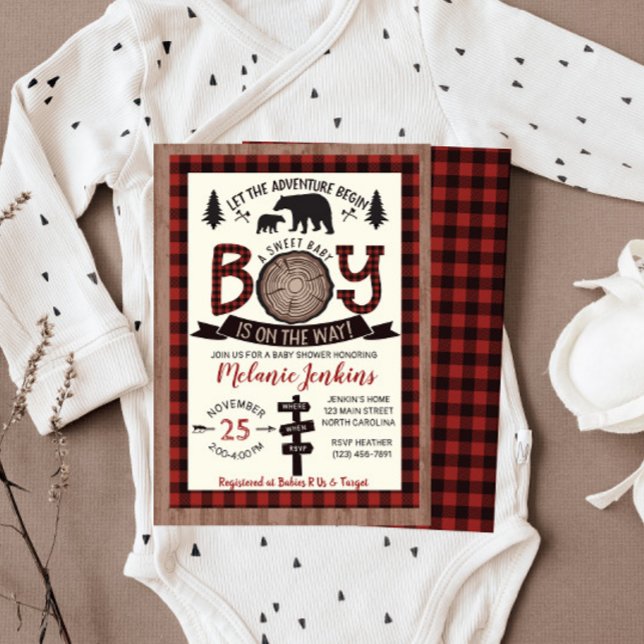 Bear Lumberjack Flannel Boy Baby Shower Invitation (Creator Uploaded)