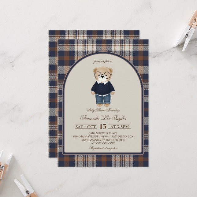 Bear Luxury Plaid Boy Baby Shower Invitation (Front/Back In Situ)