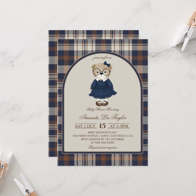 Bear Luxury Plaid Girl Baby Shower Invitation (Front/Back In Situ)