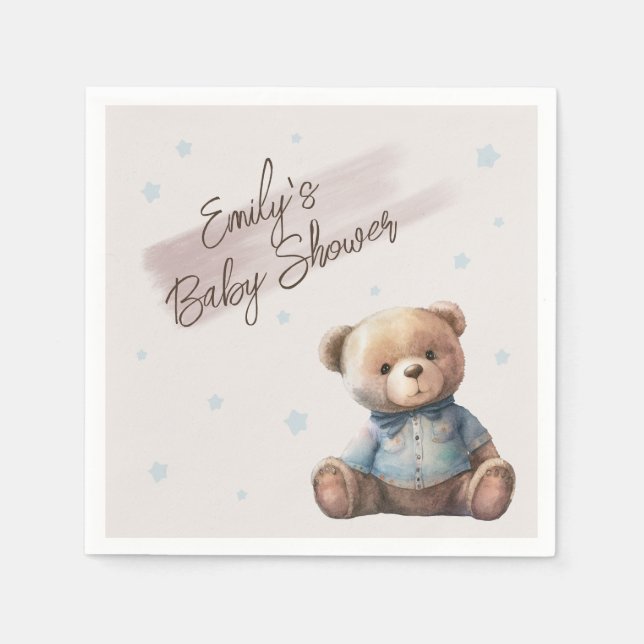 Bear Modern Boho Blue Baby Shower Napkin (Front)