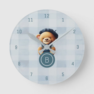 Bear Monogram Blue Gingham Wall Clock