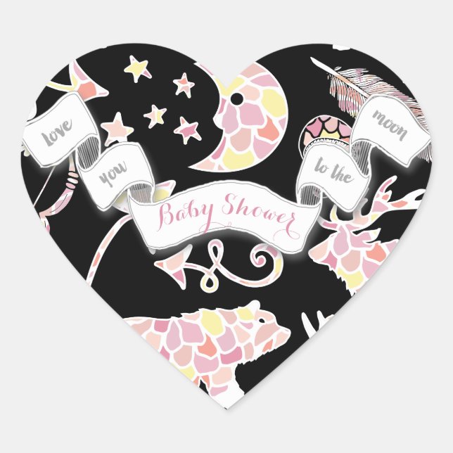 Bear Moose Love You to the Moon Baby Girl Shower Heart Sticker (Front)