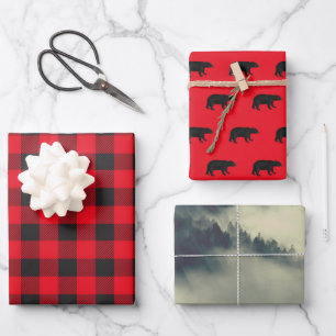 Bear, Mountains, Black and red Lumberjack set  Wrapping Paper Sheet