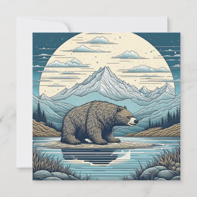 Bear, Mountains, Lake, Full Moon Ai Art (Front)