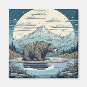 Bear, Mountains, Lake, Full Moon Ai Art Magnet