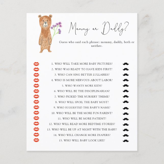 Bear - mummy or daddy baby shower game (Front)