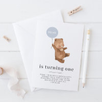 Bear Name - 1st Birthday Invitation - Blue Balloon