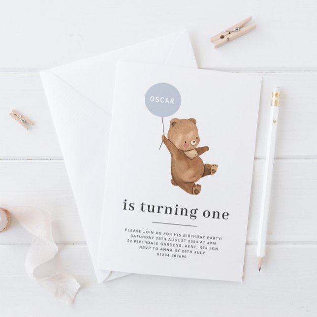 Bear Name - 1st Birthday Invitation - Blue Balloon (Creator Uploaded)