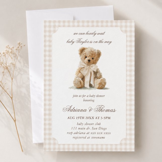 Bear Neutral Gingham Baby Shower Invitation (Creator Uploaded)