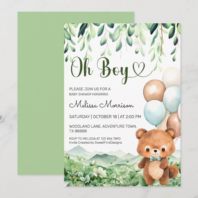 Bear Oh Boy Forest Baby Boy Shower Invitation (Front/Back)