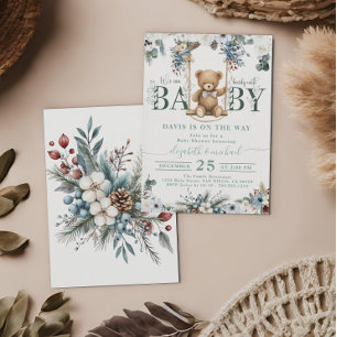 Bear On The Way Botanical  Sage Green Baby Shower Invitation