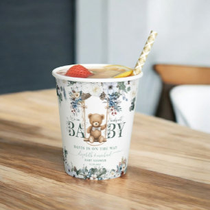 Bear On The Way Flower Greenery Baby Shower Paper Cups