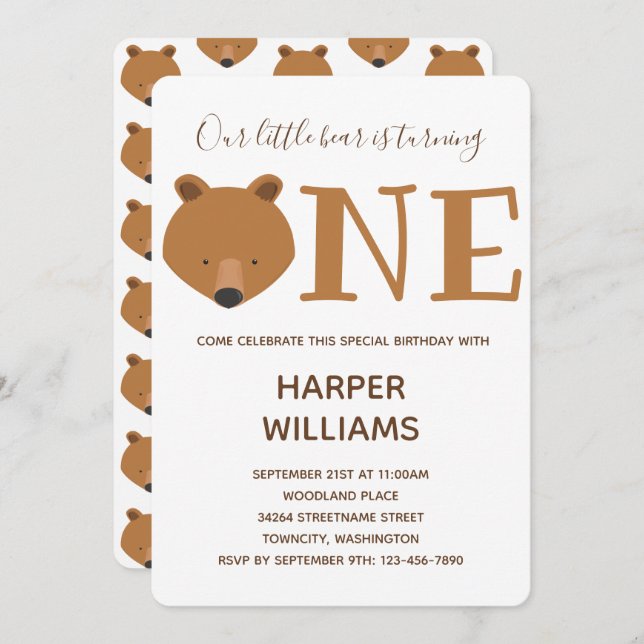 Bear One Animal Baby 1st Birthday Invitation (Front/Back)