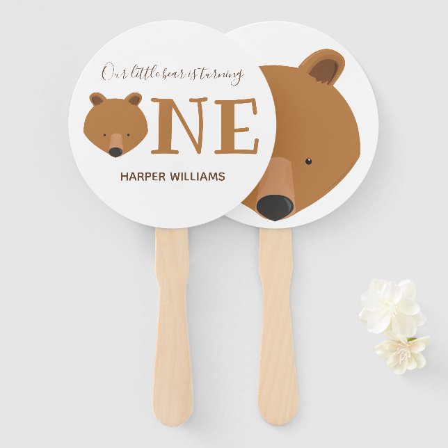 Bear One Animal First Birthday Hand Fan (Front and Back)