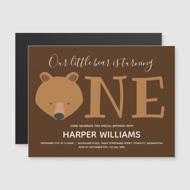 Bear One Brown Cute Animal First Birthday  Magnetic Invitation (Front/Back)