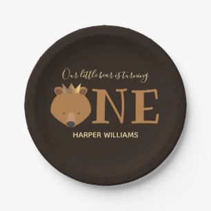 Bear One Crown Animal First Birthday Paper Plate